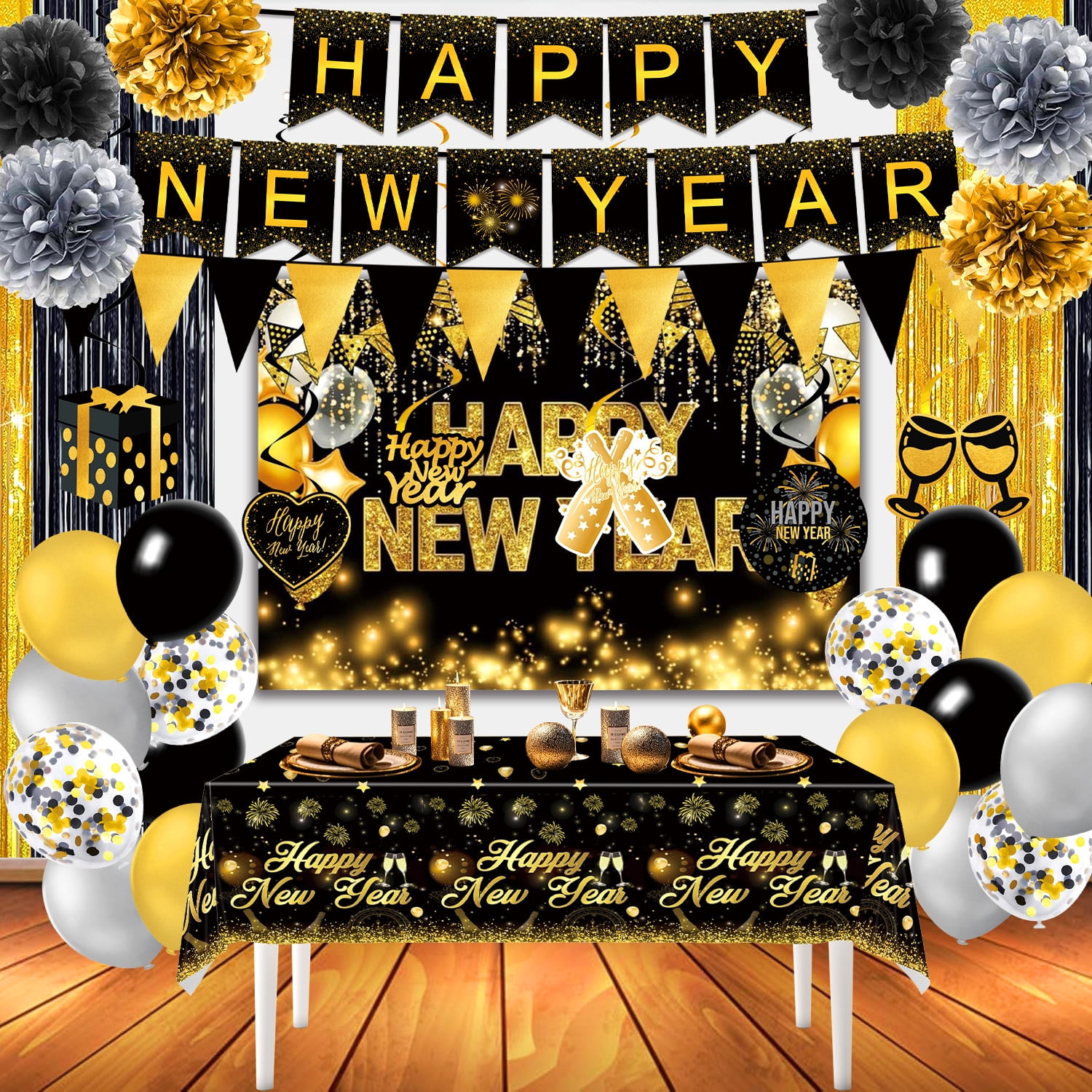 Happy New Year Party Decorations Set,Black and Gold Photo Props New