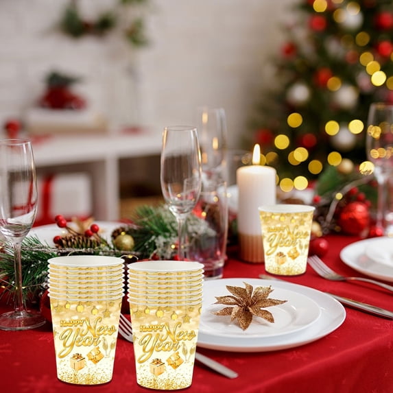 Happy New Year Party Supplies Disposable Gold Themed Paper Plates Cups Napkins for Holiday Celebration Dinner Table Decorations(16 pcs Cups)
