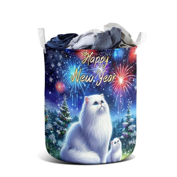 Happy New Year Persian Family Cheer Winter Midnight Firework Foldable Laundry Basket Cat Lover Kitten Owner Gifts Organizer Storage with Handles - 02025