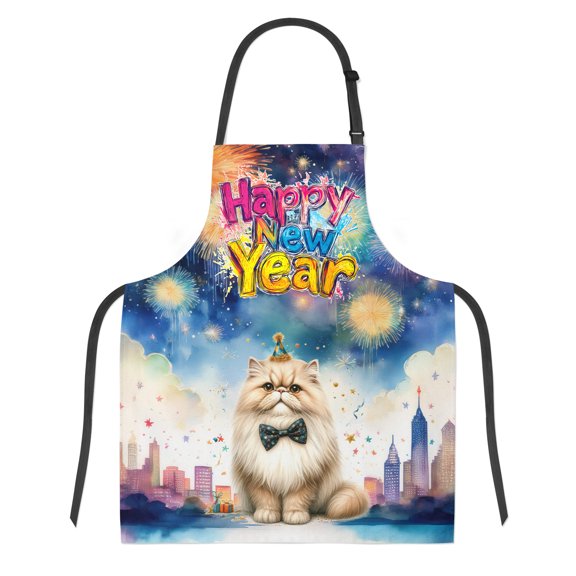 Happy New Year with Persian Fireworks Holiday Xmas Winter 2025 Apron Cat Lover Kitten Owner Gifts for Cooking Grilling Baking Painting Gardening - 00025