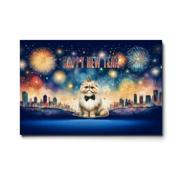 Happy New Year with Persian Fireworks Holiday Xmas Winter 2025 Horizontal Matte Canvas Poster Cat Lover Kitten Owner Gifts Wall Art Home Decor - 00025