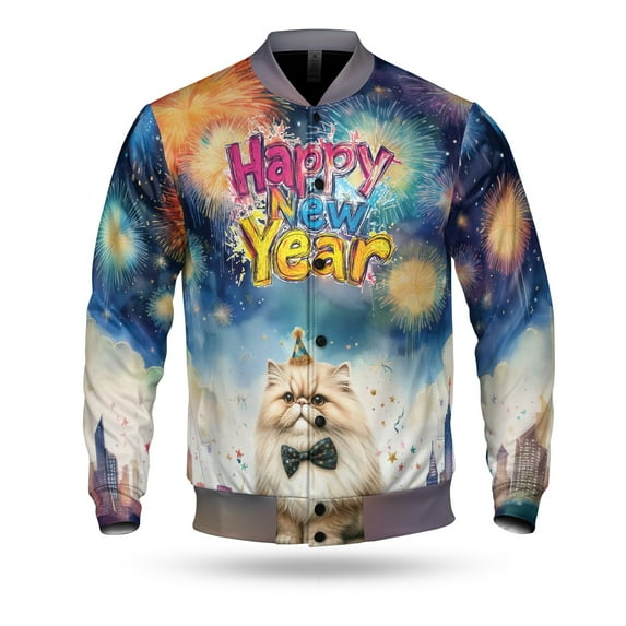 Happy New Year with Persian Fireworks Holiday Xmas Winter 2025 All Over Print 3D Baseball Jacket Cat Lover Kitten Owner Gifts Bomber Jacket Softball - 00025