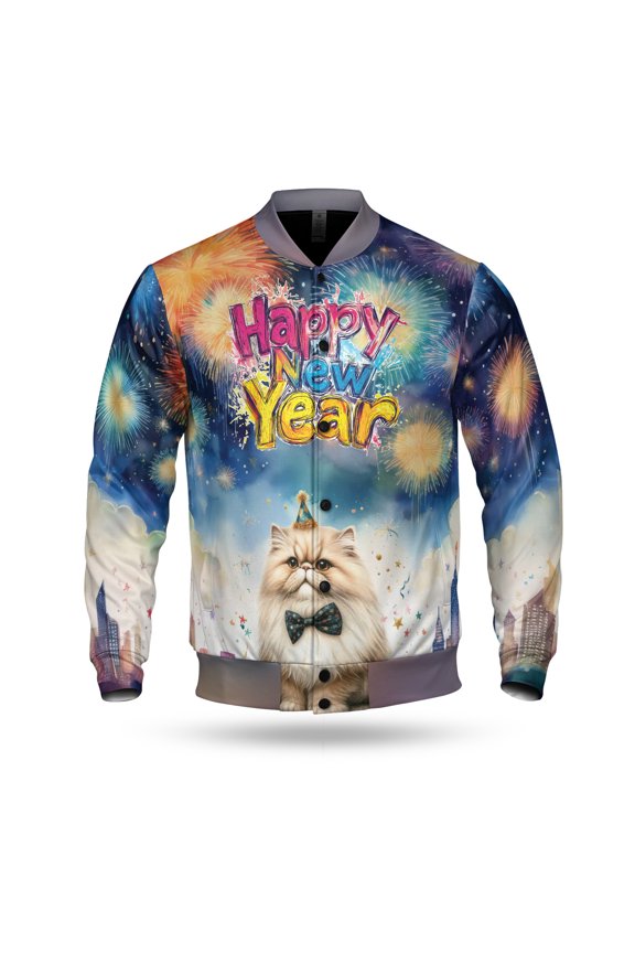 Happy New Year with Persian Fireworks Holiday Xmas Winter 2025 All Over Print 3D Baseball Jacket Cat Lover Kitten Owner Gifts Bomber Jacket Softball - 00025