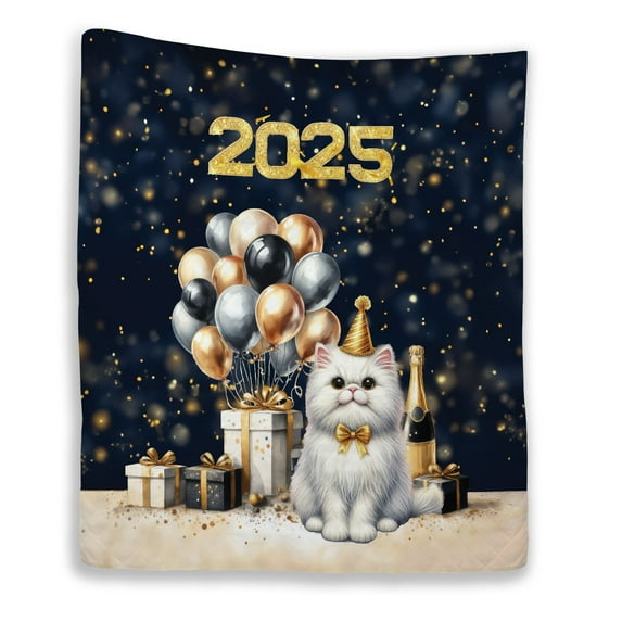 Happy New Year Persian Welcome 2025 Balloon Firework Party Quilt Blanket Cat Lover Kitten Owner Gifts Cozy Comforter Throw Blanket - 01014