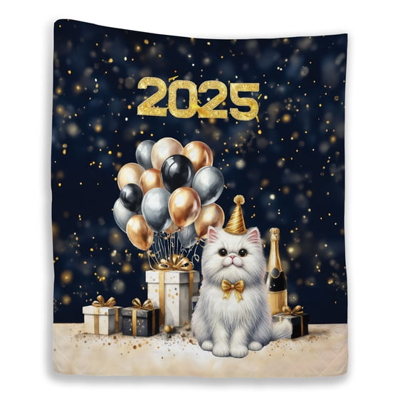 Happy New Year Persian Welcome 2025 Balloon Firework Party Quilt Blanket Cat Lover Kitten Owner Gifts Cozy Comforter Throw Blanket - 01014