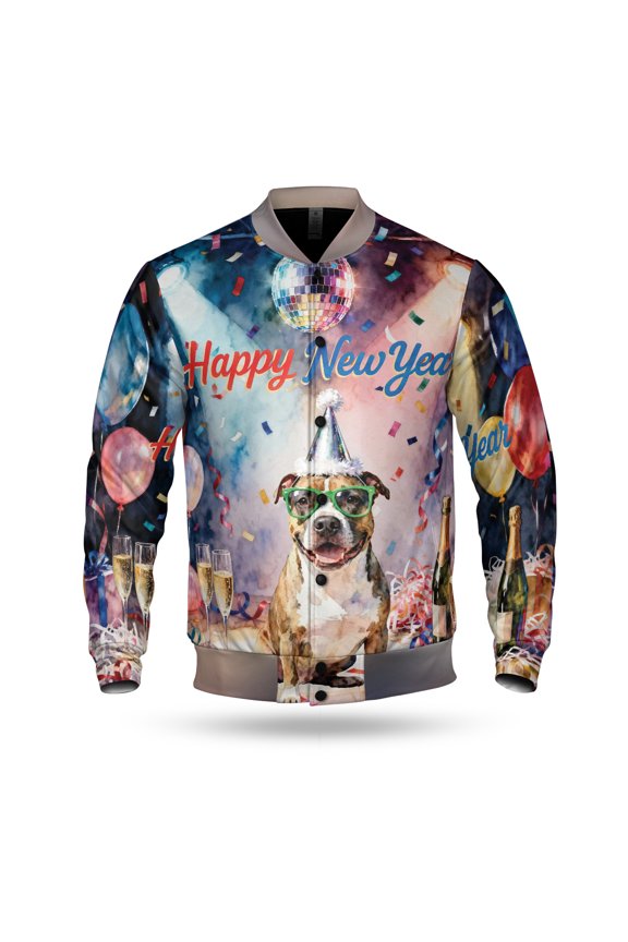 Happy New Year Pitbull Chills on Year-End Party All Over Print 3D Baseball Jacket Terrier Dog Lover Bomber Jacket Softball - 12023