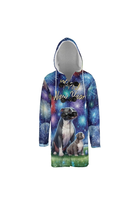 Happy New Year Pitbull Family Cheer Winter Midnight Firework All Over Print 3D Hooded Duffle Toggle Coat Terrier Dog Lover - 02025