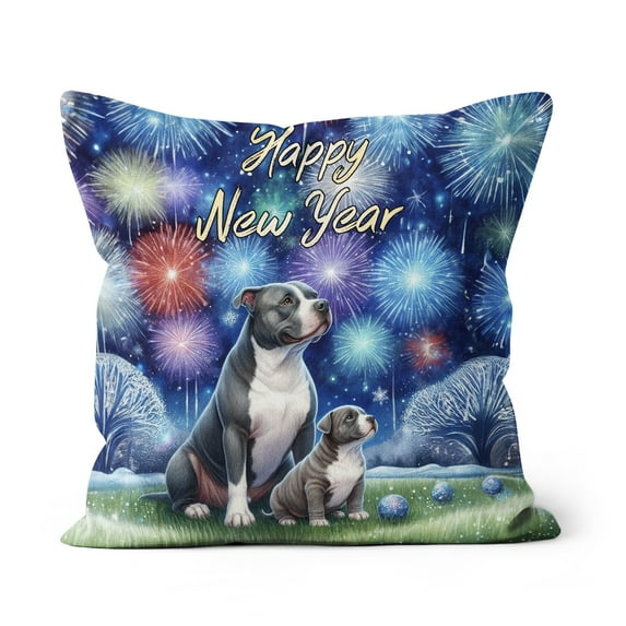 Happy New Year Pitbull Family Cheer Winter Midnight Firework Pillow Cushion Double Sided Terrier Dog Lover Throw Pillow - 02025