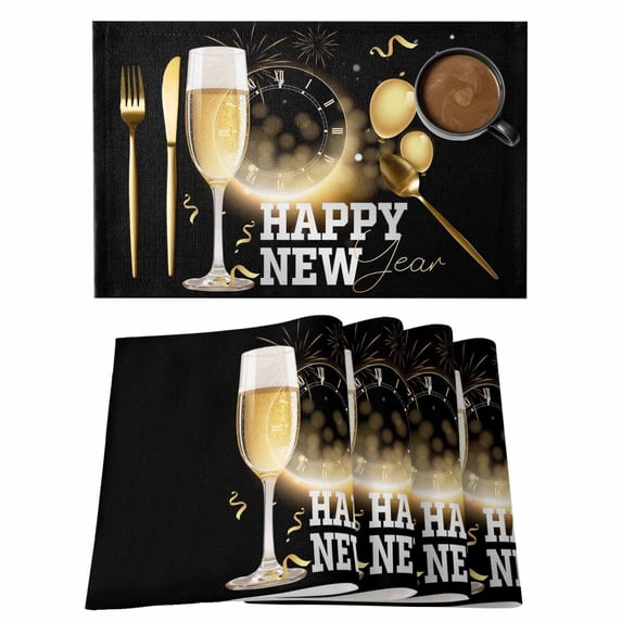 Happy New Year Placemats Set of 6, Gold Black Champagne Ribbons Clock Celebrate Non-Slip Place Mats Washable Table Mats for Kitchen Dining Table Decorations Indoor/Outdoor