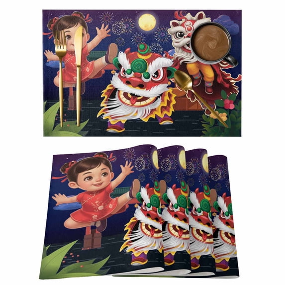 Happy New Year Placemats Set of 8, Cartoon Girl Dance Lions Fireworks Non-Slip Place Mats Washable Table Mats for Kitchen Dining Table Decorations Indoor/Outdoor