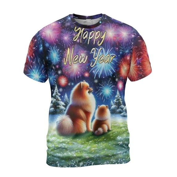 Happy New Year Pomeranian Family Cheer Winter Midnight Firework All Over Print 3D Shirt Unisex Merch Pom Dog Lover Gifts - 02025
