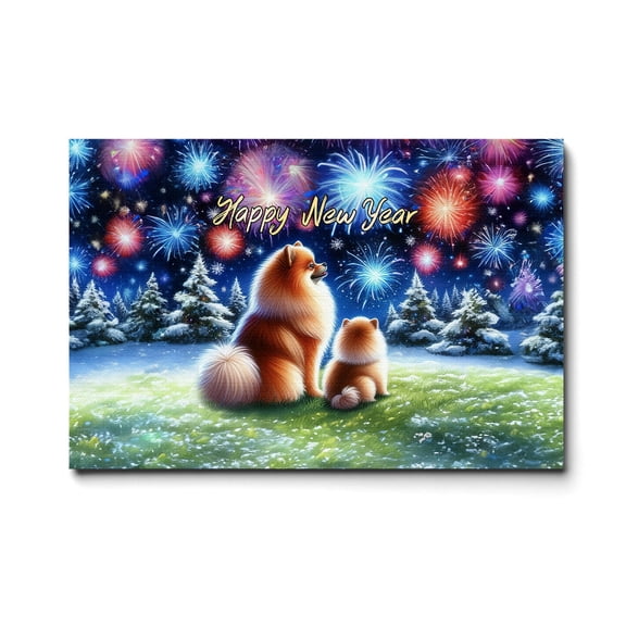 Happy New Year Pomeranian Family Cheer Winter Midnight Firework Horizontal Matte Canvas Poster Pom Dog Lover Gifts Wall Art Home Decor - 02025