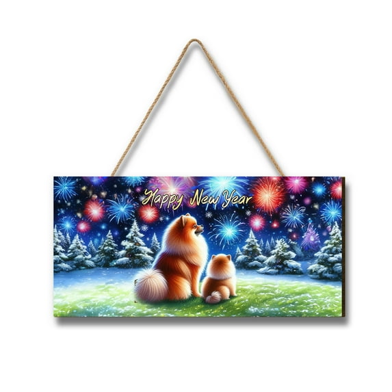 Happy New Year Pomeranian Family Cheer Winter Midnight Firework Landscape Wood Sign Pom Dog Lover Gifts Hanging Wall Home Decor - 02025