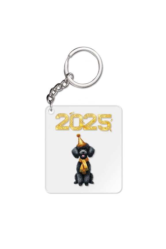 Happy New Year Poodle Welcome 2025 Balloon Firework Party Acrylic Keychain Poodles Dog Lover Gifts Idea Collar Charm Tag Keyring - 01014