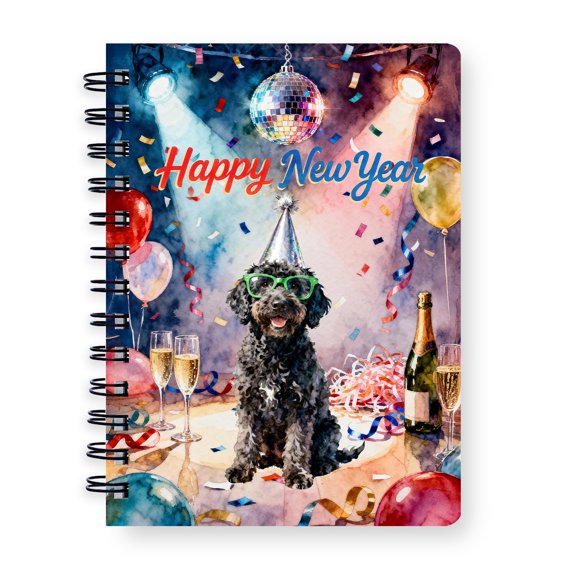 Happy New Year Portuguese Water Dog Chills on Year-End Party Spiral Bound Journal PWD Portie Fishing Dog Lover 5x7in Spiral Notebook - 12023