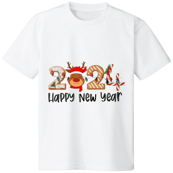 Happy New Year Print T-Shirt, Casual Crew Neck Short Sleeve Top For Spring & Summer