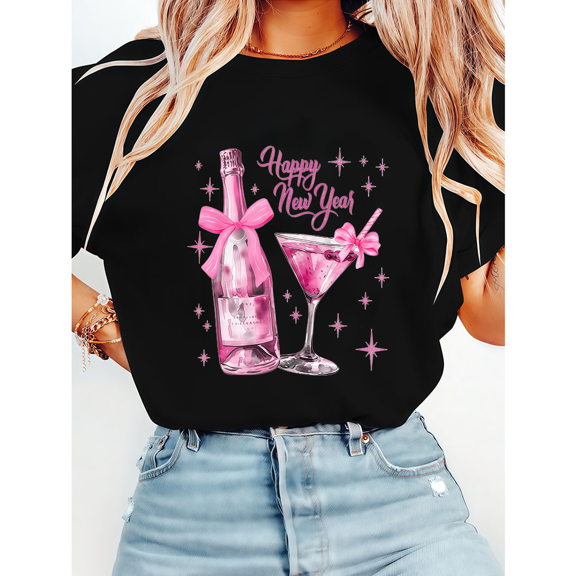 Happy New Year Print Tshirts Pink Champagne Design Graphic Tees Shirts Short Sleeve Cocktail Casual Cotton Tops for Daily Outfits Black,2XL