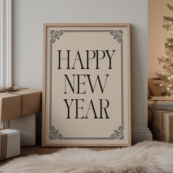 Happy New Year Print Wall Art, Minimalist Modern New Year'S Eve Decor, Festive Art Poster, Festive Celebration Print, Home Decor, Vintage Gift, Home Decor , Poster Print Only