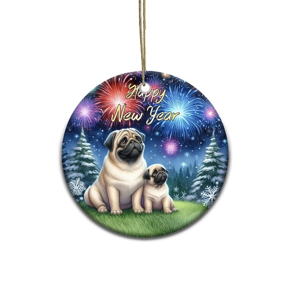 Happy New Year Pug Family Cheer Winter Midnight Firework Ceramic Round Ornament Dog Lover Gifts Home Tree Decor - 02025