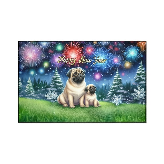 Happy New Year Pug Family Cheer Winter Midnight Firework Indoor Rug Dog Lover Gifts Carpet Living Bed Room Sofa Home Decor - 02025