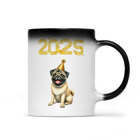 Happy New Year Pug Welcome 2025 Balloon Firework Party Heat Color Changing Mug Dog Lover Gifts Magic Coffee Mug - 01014