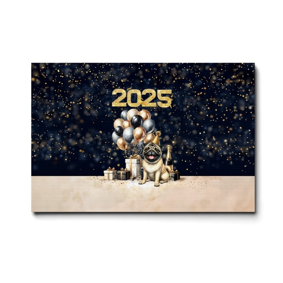 Happy New Year Pug Welcome 2025 Balloon Firework Party Horizontal Matte Canvas Poster Dog Lover Gifts Wall Art Home Decor - 01014