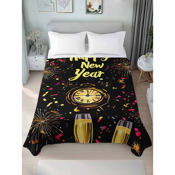 Happy New Year Queen Size Flat Sheet, Wrinkleproof & Fadeproof Cooling Flat Bed Sheet Only, Colorful Abstract Art Breathable Soft Bedding Top Sheets 90 x 102 Inches