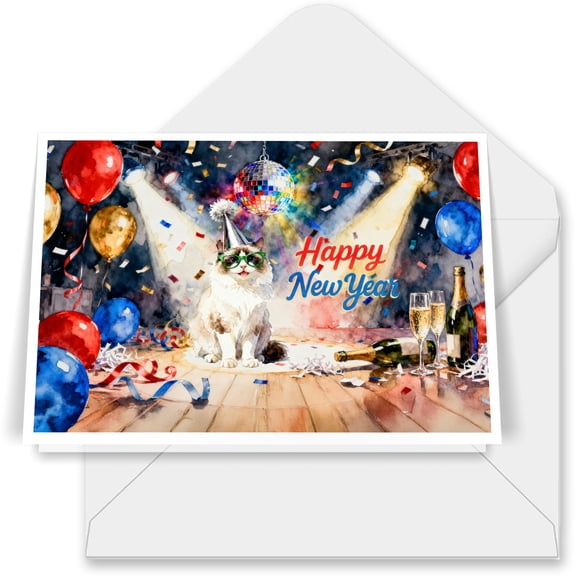Happy New Year Ragdoll Chills on Year-End Party 7x5in Folded Greeting Card Cat Lover Kitten Owner Gifts Idea Single Note Card with Envelope - 12023