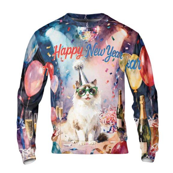 Happy New Year Ragdoll Chills on Year-End Party All Over Print 3D Sweatshirt Unisex Merch Cat Lover Kitten Owner Gifts Idea - 12023