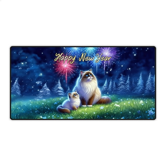 Happy New Year Ragdoll Family Cheer Winter Midnight Firework Desk Mat Full Keyboard Mouse Pad Cat Lover Kitten Owner Gifts Idea Large Mousepad - 02025