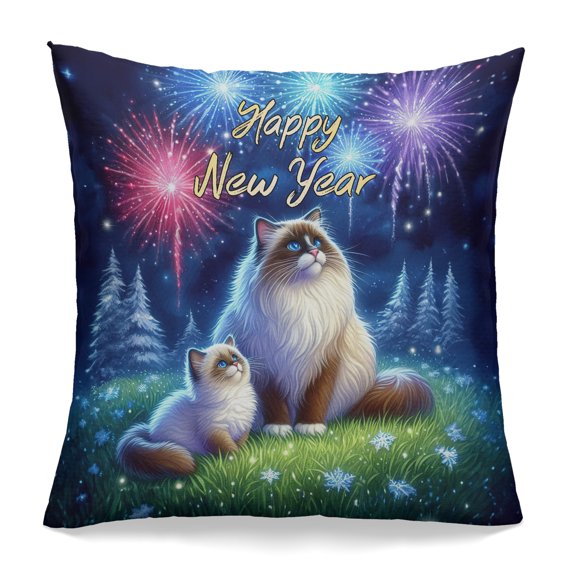 Happy New Year Ragdoll Family Cheer Winter Midnight Firework Pillowcase Double Sided Cat Lover Kitten Owner Gifts Idea Pillow Case Covers - 02025