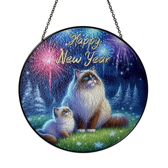 Happy New Year Ragdoll Family Cheer Winter Midnight Firework Stained Glass Suncatcher Cat Lover Kitten Owner Gifts Idea Window Hanging Sign Decor - 02025