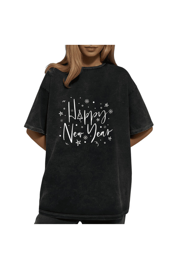 Happy New Year Retro Floral Fireworks Washed Graphic Tees Unisex Black Print T shirt New Year Party Lifestyle Casual Tops