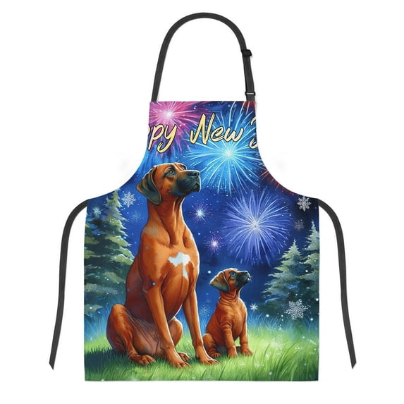 Happy New Year Rhodesian Ridgeback Family Cheer Winter Midnight Firework Apron Ridgebacks Dog Lover Gifts for Cooking Grilling Baking Painting Gardening - 02025