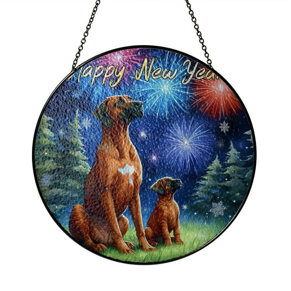 Happy New Year Rhodesian Ridgeback Family Cheer Winter Midnight Firework Stained Glass Suncatcher Ridgebacks Dog Lover Gifts Window Hanging Sign Decor - 02025