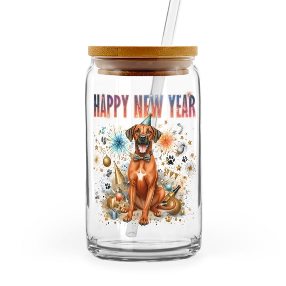 Happy New Year with Rhodesian Ridgeback Fireworks Holiday Xmas Winter 2025 16oz Glass Cup Mug Ridgebacks Dog Lover Gifts Glass Can with Bamboo Lid and Straw - 00025