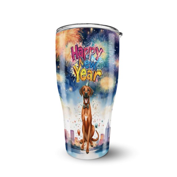 Happy New Year with Rhodesian Ridgeback Fireworks Holiday Xmas Winter 2025 30oz Stainless Steel Tumbler Insulated Cup with Lid Ridgebacks Dog Lover Gifts - 00025