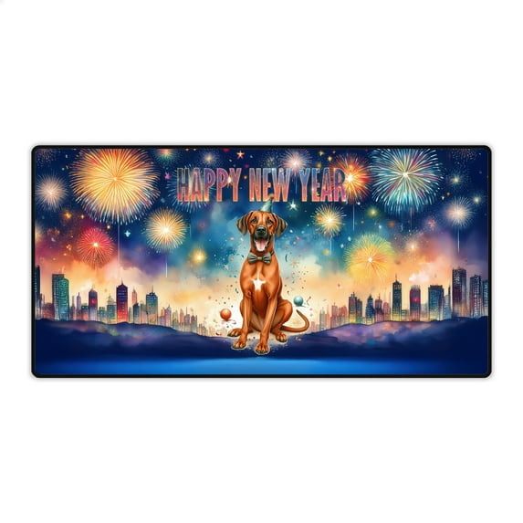 Happy New Year with Rhodesian Ridgeback Fireworks Holiday Xmas Winter 2025 Desk Mat Full Keyboard Mouse Pad Ridgebacks Dog Lover Gifts Large Mousepad - 00025