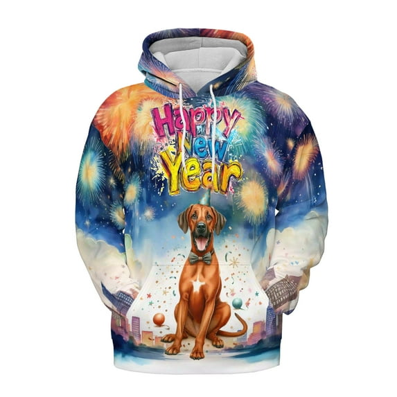 Happy New Year with Rhodesian Ridgeback Fireworks Holiday Xmas Winter 2025 All Over Print 3D Hoodie Unisex Merch Hoodies Ridgebacks Dog Lover Gifts - 00025