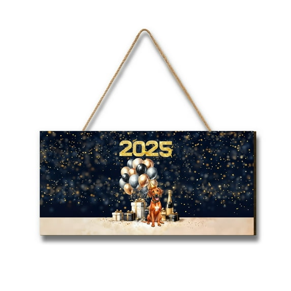 Happy New Year Rhodesian Ridgeback Welcome 2025 Balloon Firework Party Landscape Wood Sign Ridgebacks Dog Lover Gifts Hanging Wall Home Decor - 01014