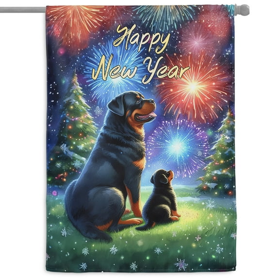 Happy New Year Rottweiler Family Cheer Winter Midnight Firework House Flag 28x40in Double Sided Rottie Dog Lover Gifts Idea Outdoor Decor - 02025