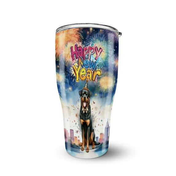 Happy New Year with Rottweiler Fireworks Holiday Xmas Winter 2025 30oz Stainless Steel Tumbler Insulated Cup with Lid Rottie Dog Lover Gifts Idea - 00025