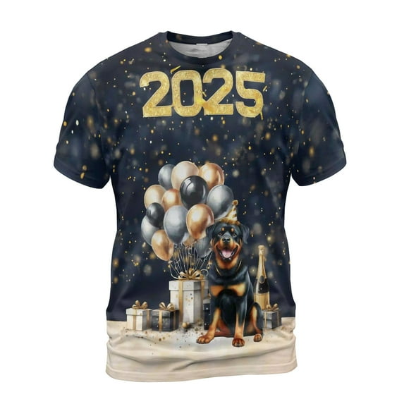 Happy New Year Rottweiler Welcome 2025 Balloon Firework Party All Over Print 3D Shirt Unisex Merch Rottie Dog Lover Gifts Idea - 01014