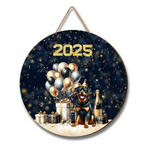Happy New Year Rottweiler Welcome 2025 Balloon Firework Party Round Wood Sign Rottie Dog Lover Gifts Idea Hanging Wall Home Decor - 01014