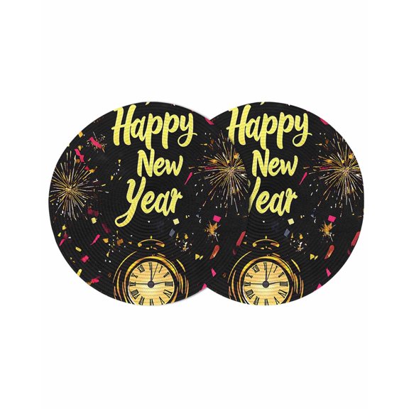 Happy New Year Round 13 Inch Placemats Set of 2, Colorful Abstract Art HeatResistant Non Slip Place Mats for Dining Table, Wipeable Braided Kitchen Table Mats for Housewarming
