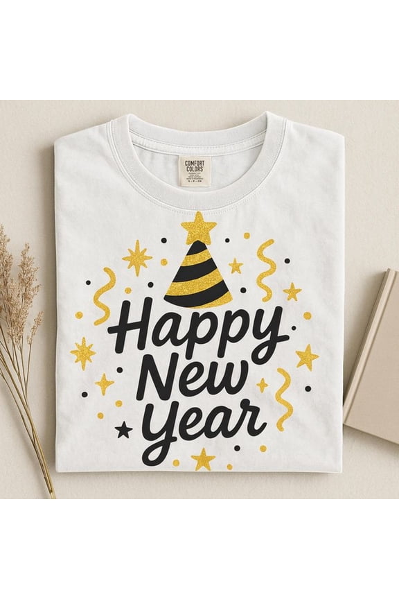 Happy New Year S1Hirt, Gold Glitter Party Hat New Years Eve T1EE, Fest Celeb1ration Quote Design, NYE Parthirt, New Year Graphic Top
