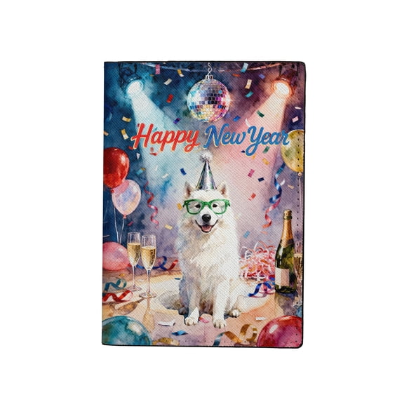 Happy New Year Samoyed Chills on Year-End Party Travel Passport Wallet Siberian Sammy Dog Lover PU Leather Passport Holder Cover - 12023