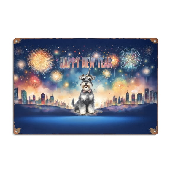 Happy New Year with Schnauzer Fireworks Holiday Xmas Winter 2025 Horizontal Metal Aluminum Sign Miniature Schnauzer Dog Lover Wall Art Home Decor - 00025