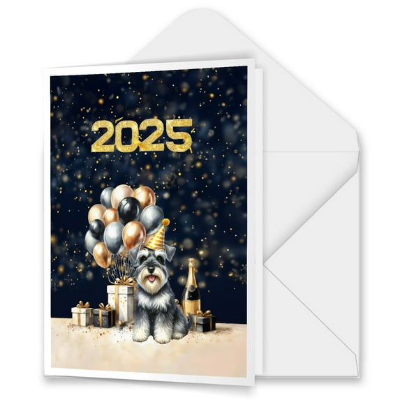 Happy New Year Schnauzer Welcome 2025 Balloon Firework Party 5x7in Folded Greeting Card Miniature Schnauzer Dog Lover Single Note Card with Envelope - 01014