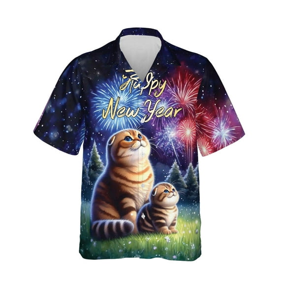 Happy New Year Scottish Fold Family Cheer Winter Midnight Firework Hawaiian Shirt Breathable Summer Unisex Merch Cat Lover Kitten Owner Gifts - 02025